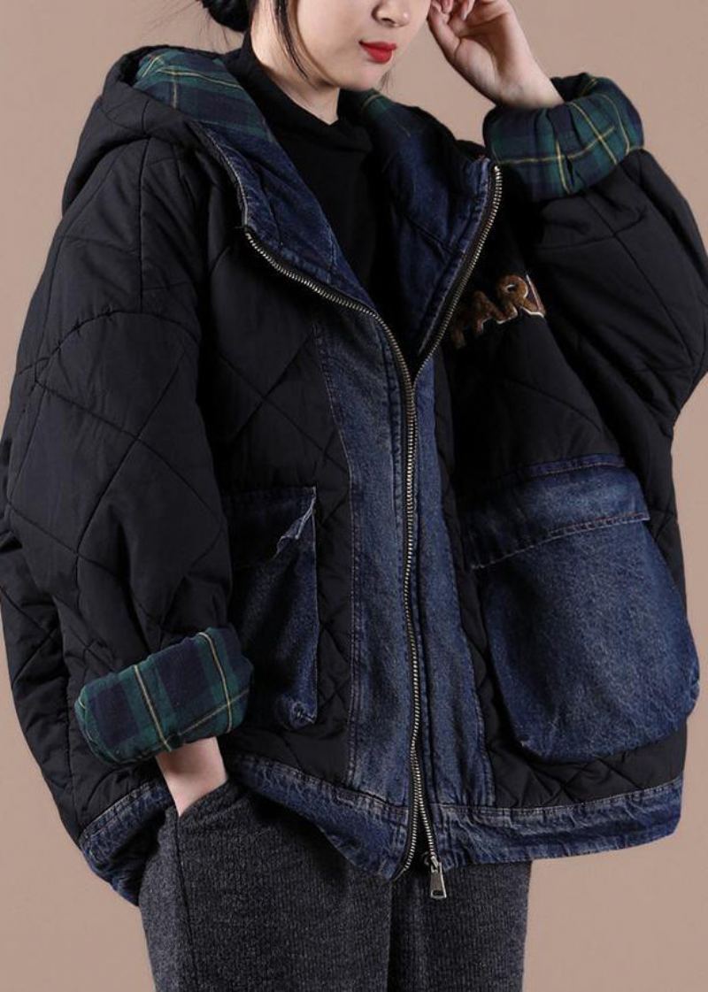 Parkas Noirs Fins Pour Femmes Vestes De Neige Amples À Capuche Patchwork À Carreaux Vêtements D'extérieur D'hiver - Noir