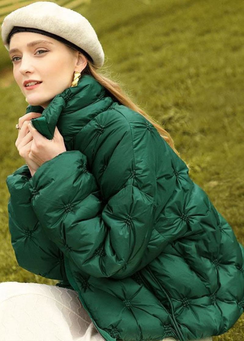 Parkas Vert Français À Col Montant Et Fermeture Éclair Remplis De Coton Fin Froissé Hiver - Doudounes femmes