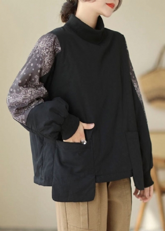 Pull Noir Avec Poches Patchwork Rempli De Coton Fin Col Haut Hiver