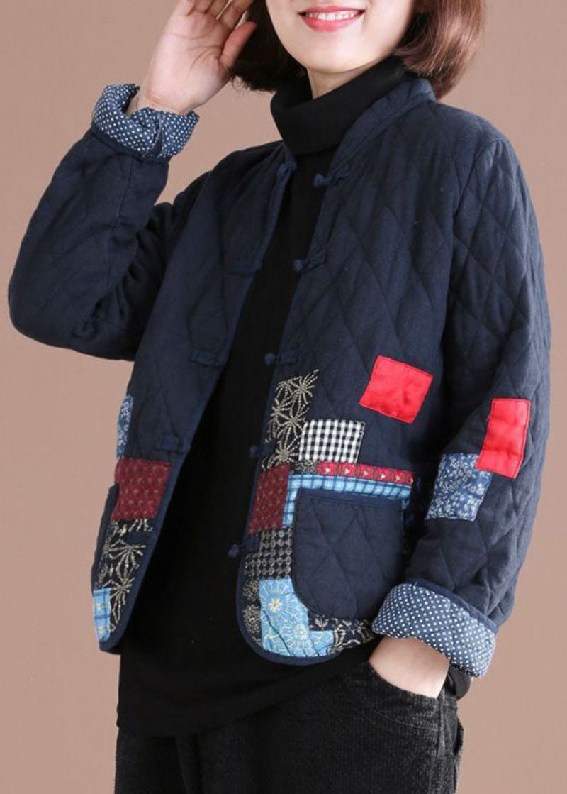 Rétro Bleu Oriental Patchwork Applique Fine Coton Rempli Vestes Hiver