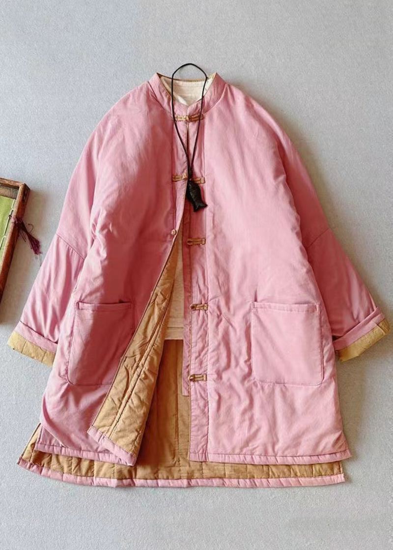 Rétro Rose Col Montant Poches Coton Fin Rempli Grande Taille Manteau Hiver