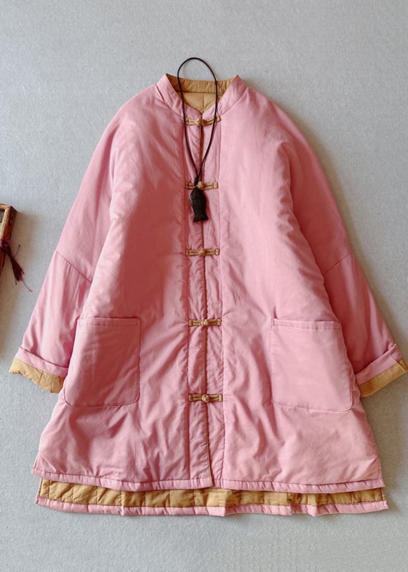 Rétro Rose Col Montant Poches Coton Fin Rempli Grande Taille Manteau Hiver - Doudounes femmes