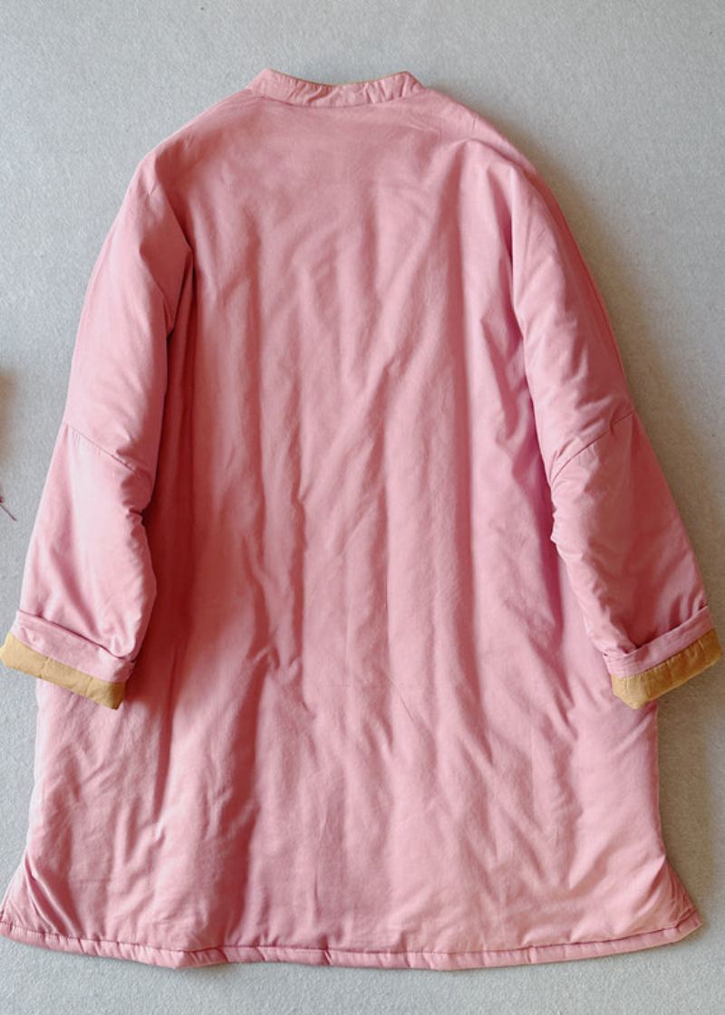 Rétro Rose Col Montant Poches Coton Fin Rempli Grande Taille Manteau Hiver - Doudounes femmes