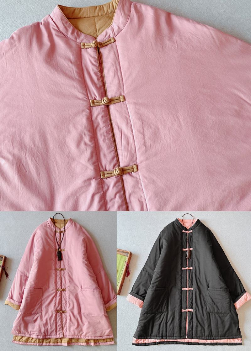 Rétro Rose Col Montant Poches Coton Fin Rempli Grande Taille Manteau Hiver - Doudounes femmes