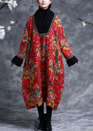 Robe En Coton Épais En Fausse Fourrure Surdimensionnée Rouge Italien Patchwork Teddy Hiver