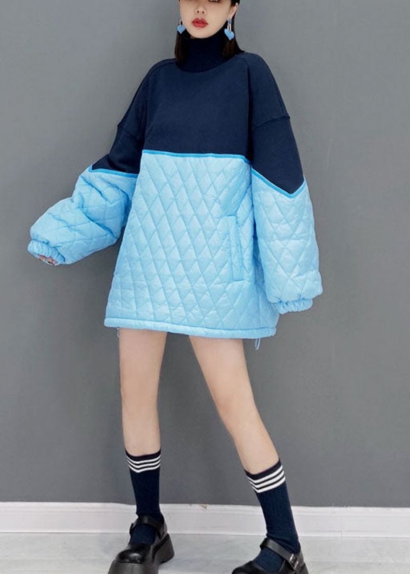 Robes Bleues En Tricot Ample Patchwork En Coton Fin Remplies Printemps - Bleu