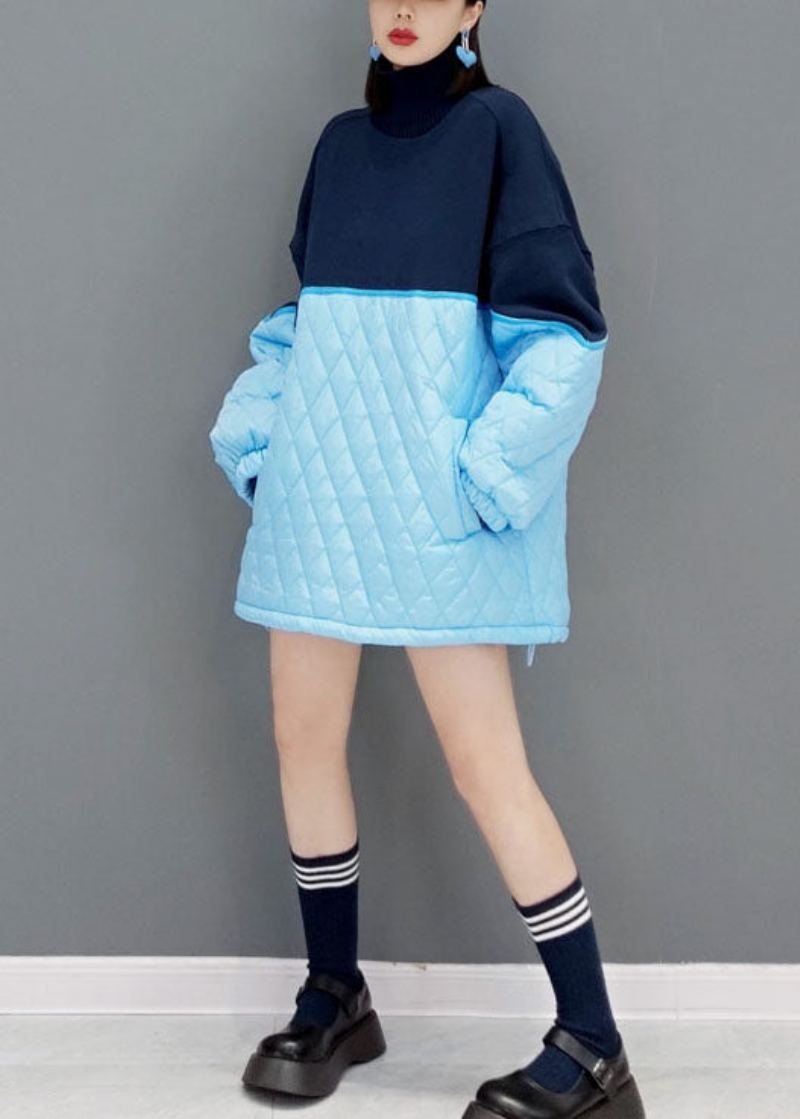 Robes Bleues En Tricot Ample Patchwork En Coton Fin Remplies Printemps - Bleu