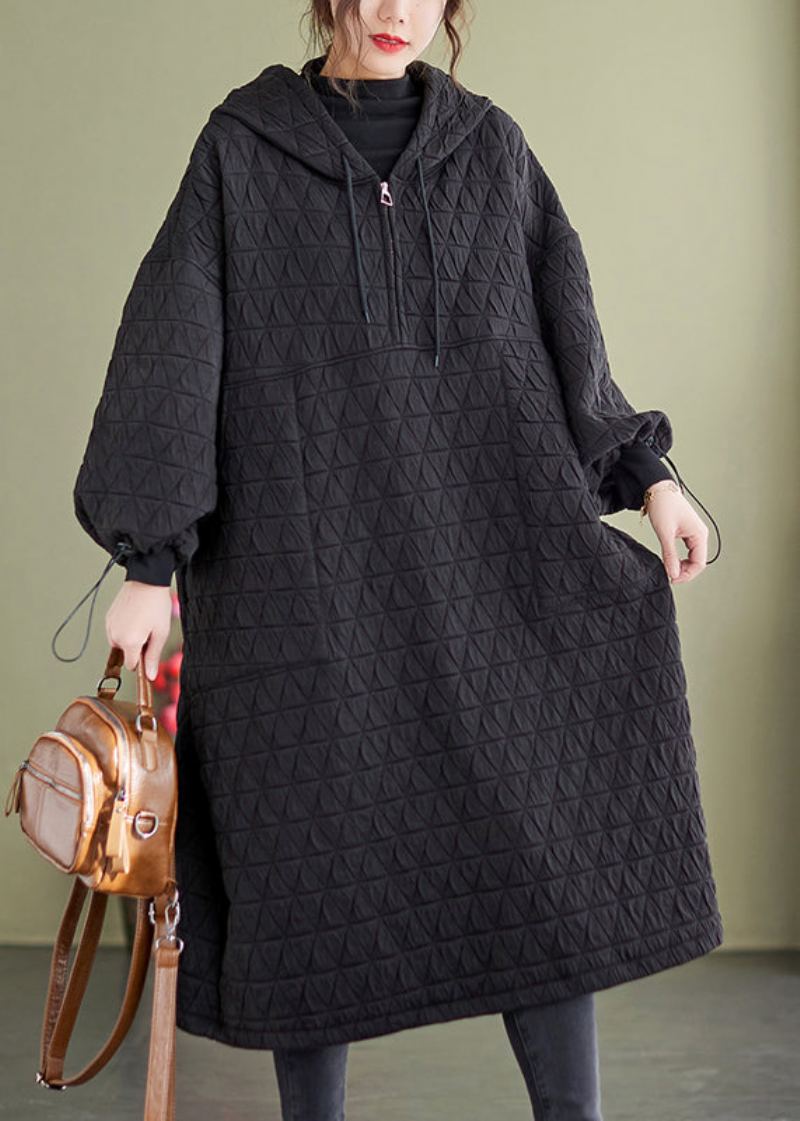 Robes Noires À Capuche Grande Taille Patchwork En Coton Fin Remplies Hiver - Doudounes femmes