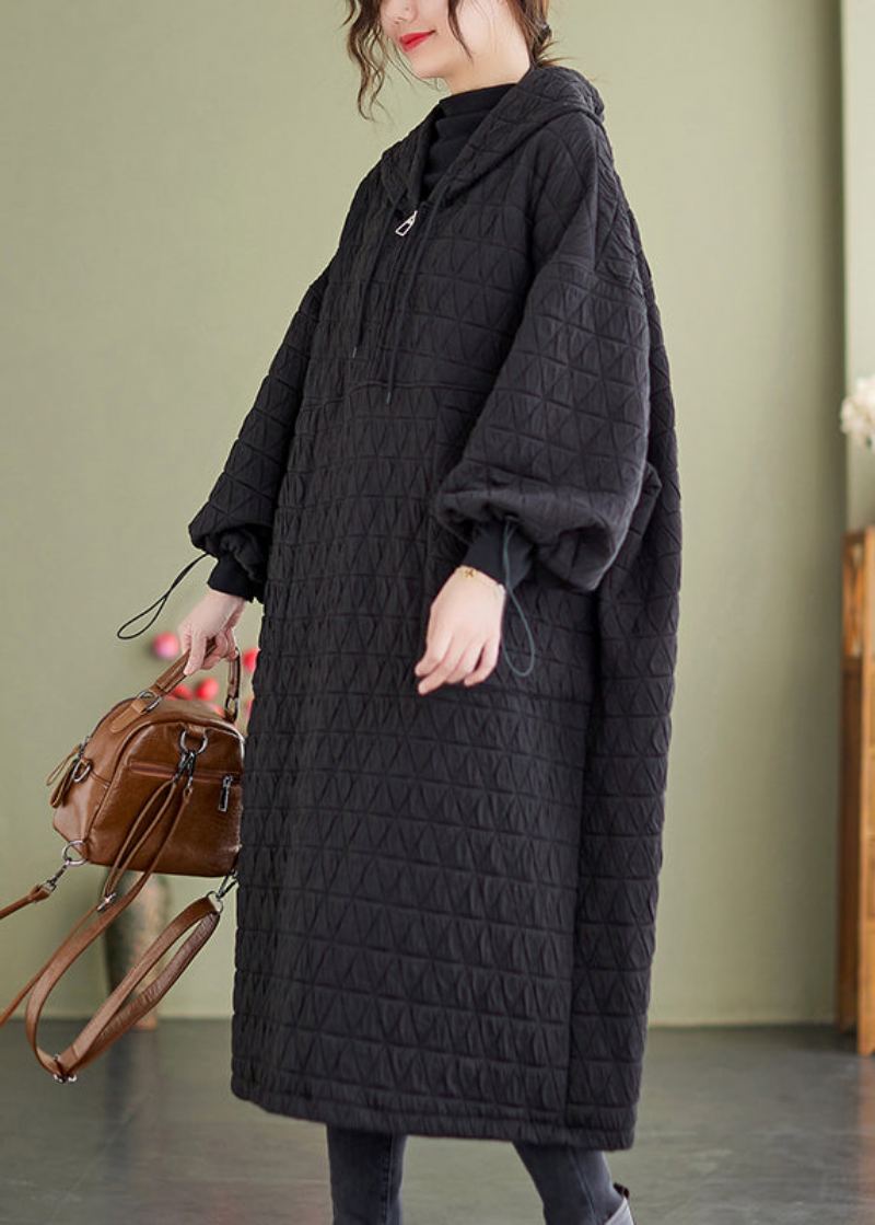 Robes Noires À Capuche Grande Taille Patchwork En Coton Fin Remplies Hiver - Doudounes femmes