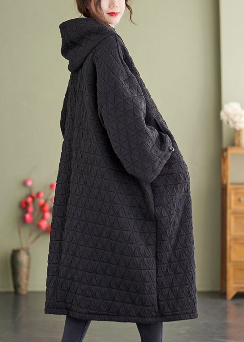 Robes Noires À Capuche Grande Taille Patchwork En Coton Fin Remplies Hiver - Doudounes femmes