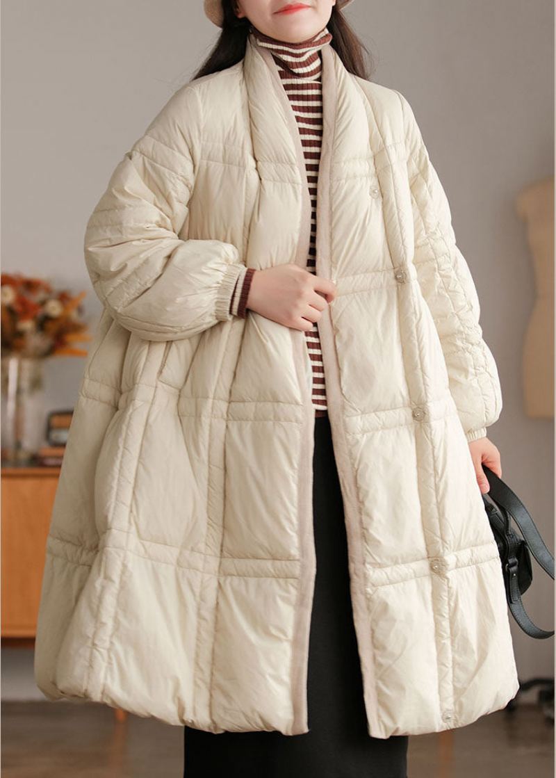 Style Beige Col Montant Poches Épais Duvet De Canard Manteau D'hiver