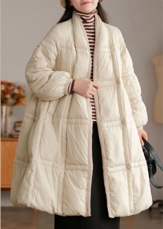 Style Beige Col Montant Poches Épais Duvet De Canard Manteau D'hiver