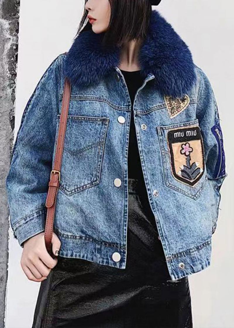 Style Bleu Col Claudine Denim Patchwork Coton Fin Rempli Vestes Hiver