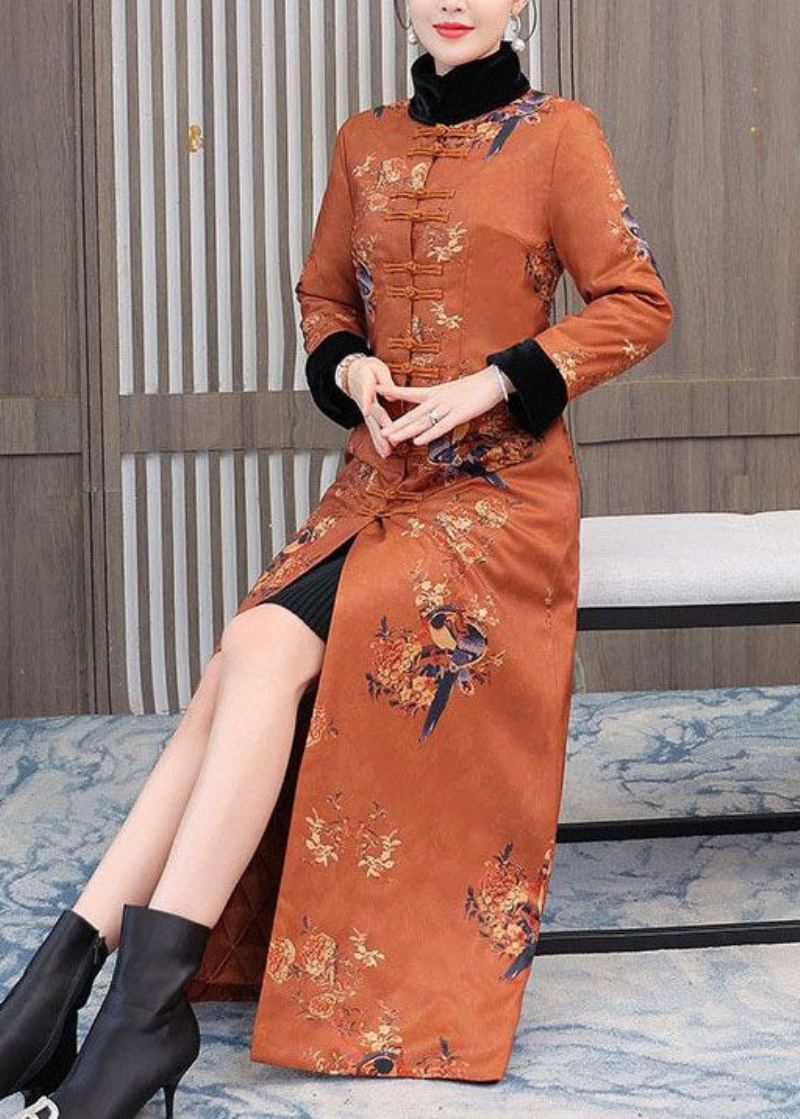 Style Chinois Orange Col Montant Imprimé Coton Fin Rempli Manteaux Hiver - Doudounes femmes