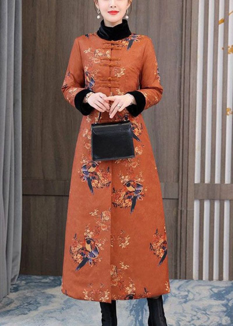 Style Chinois Orange Col Montant Imprimé Coton Fin Rempli Manteaux Hiver - Doudounes femmes