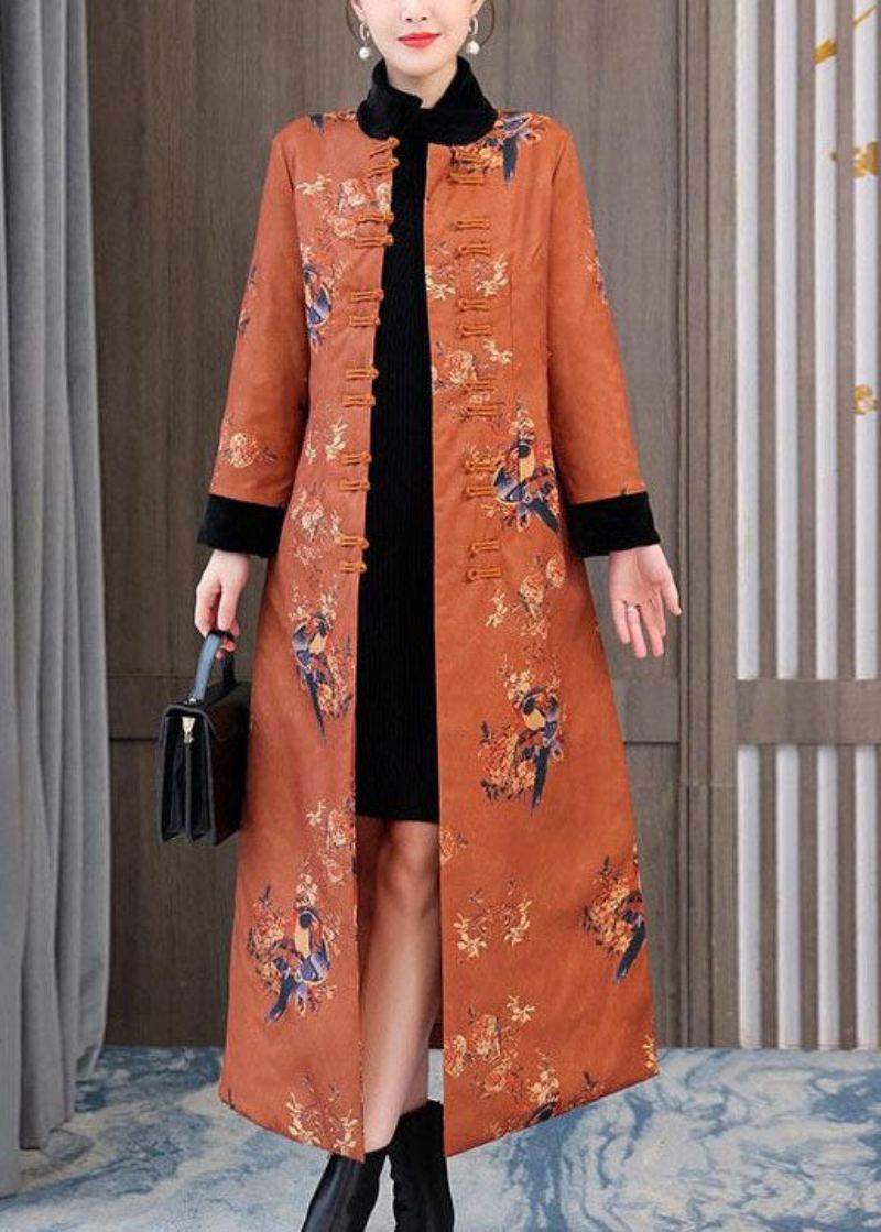 Style Chinois Orange Col Montant Imprimé Coton Fin Rempli Manteaux Hiver - Doudounes femmes