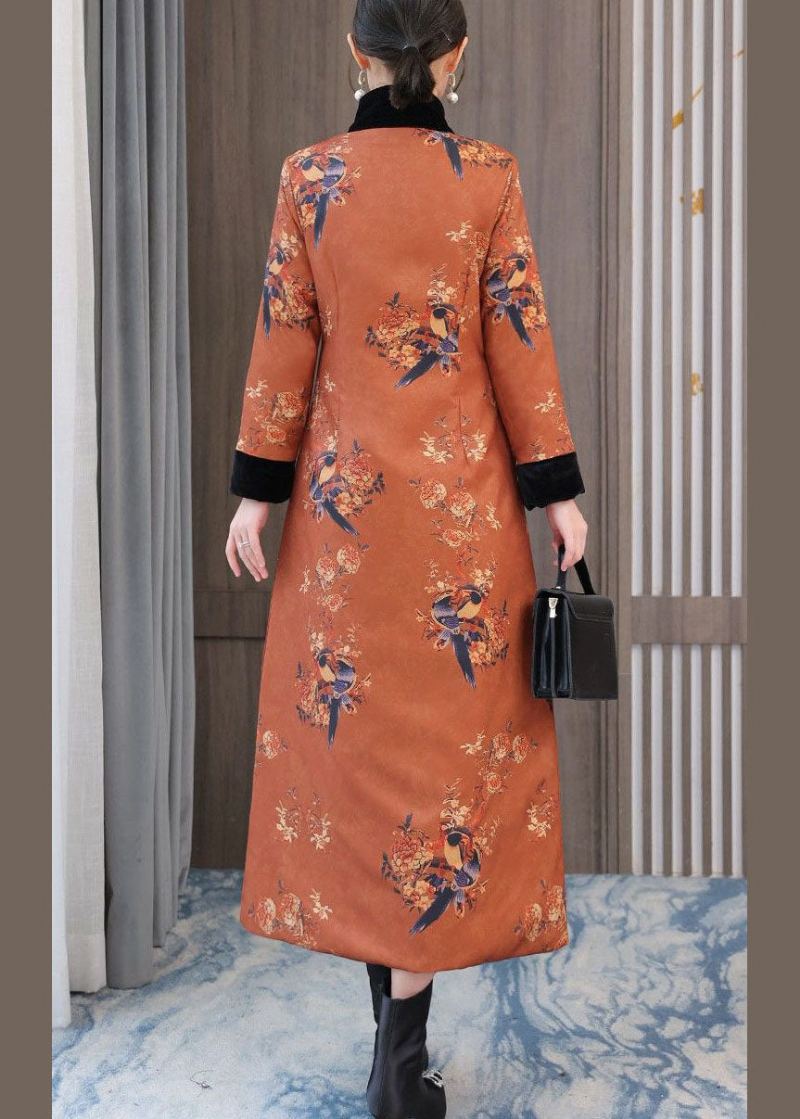 Style Chinois Orange Col Montant Imprimé Coton Fin Rempli Manteaux Hiver - Doudounes femmes