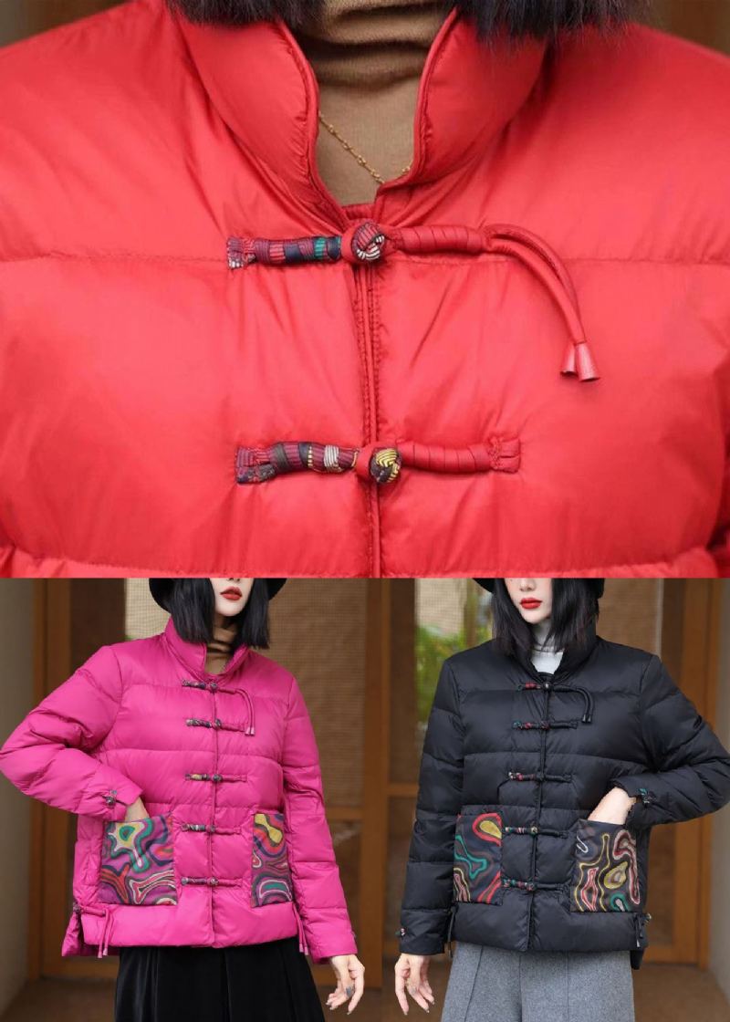 Style Chinois Rouge Col Montant Bouton Oriental Duvet De Canard Vestes Bouffantes Hiver - Doudounes femmes