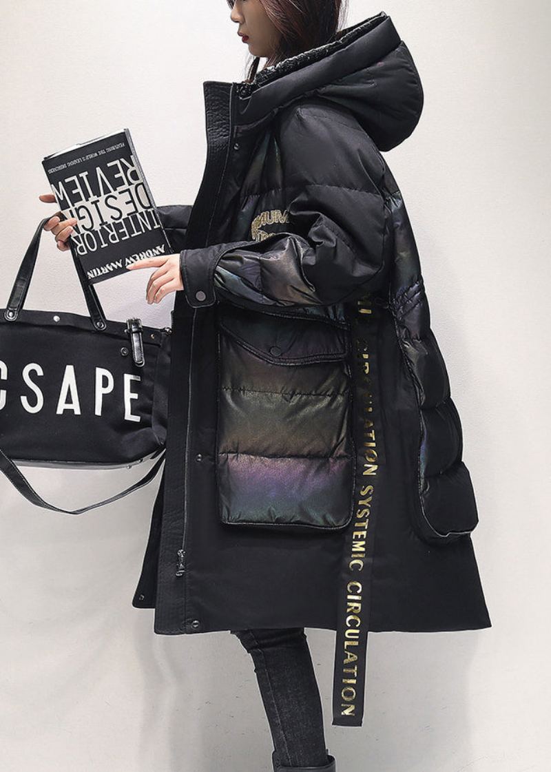 Style Parka À Capuche En Duvet De Canard Noir Avec Poches Zippées Et Graphiques Pour L'hiver - Doudounes femmes