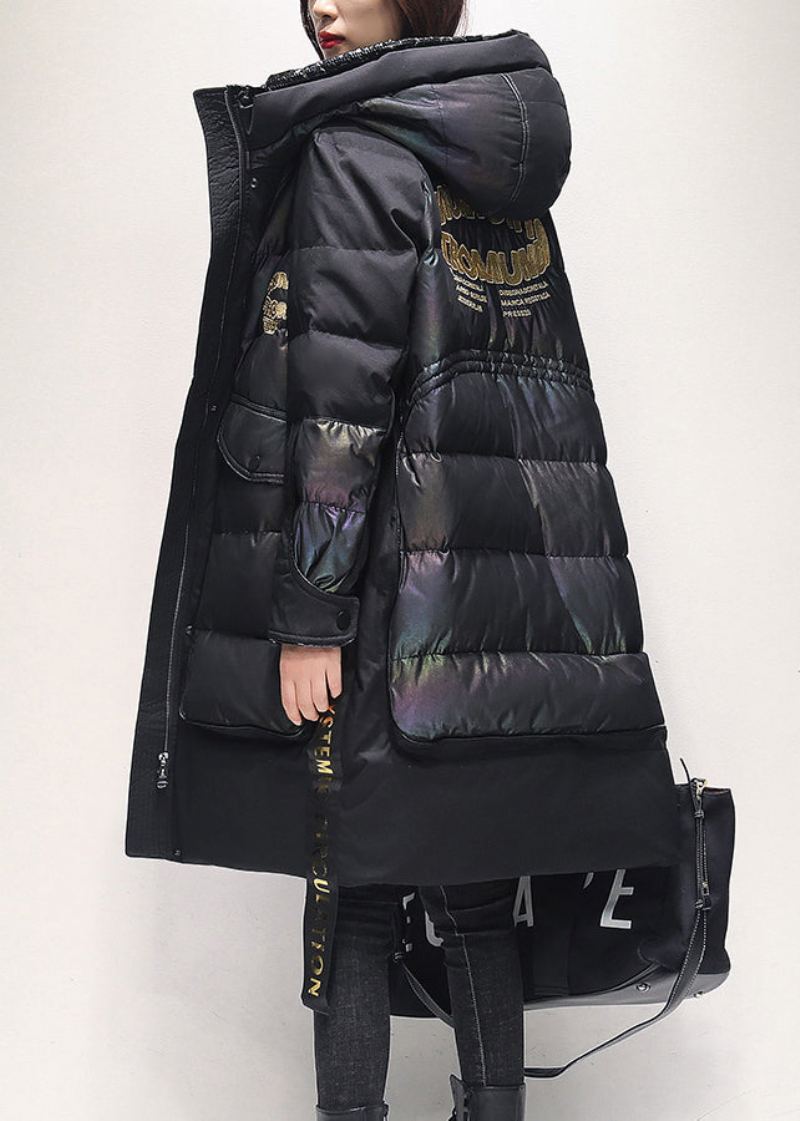 Style Parka À Capuche En Duvet De Canard Noir Avec Poches Zippées Et Graphiques Pour L'hiver - Doudounes femmes