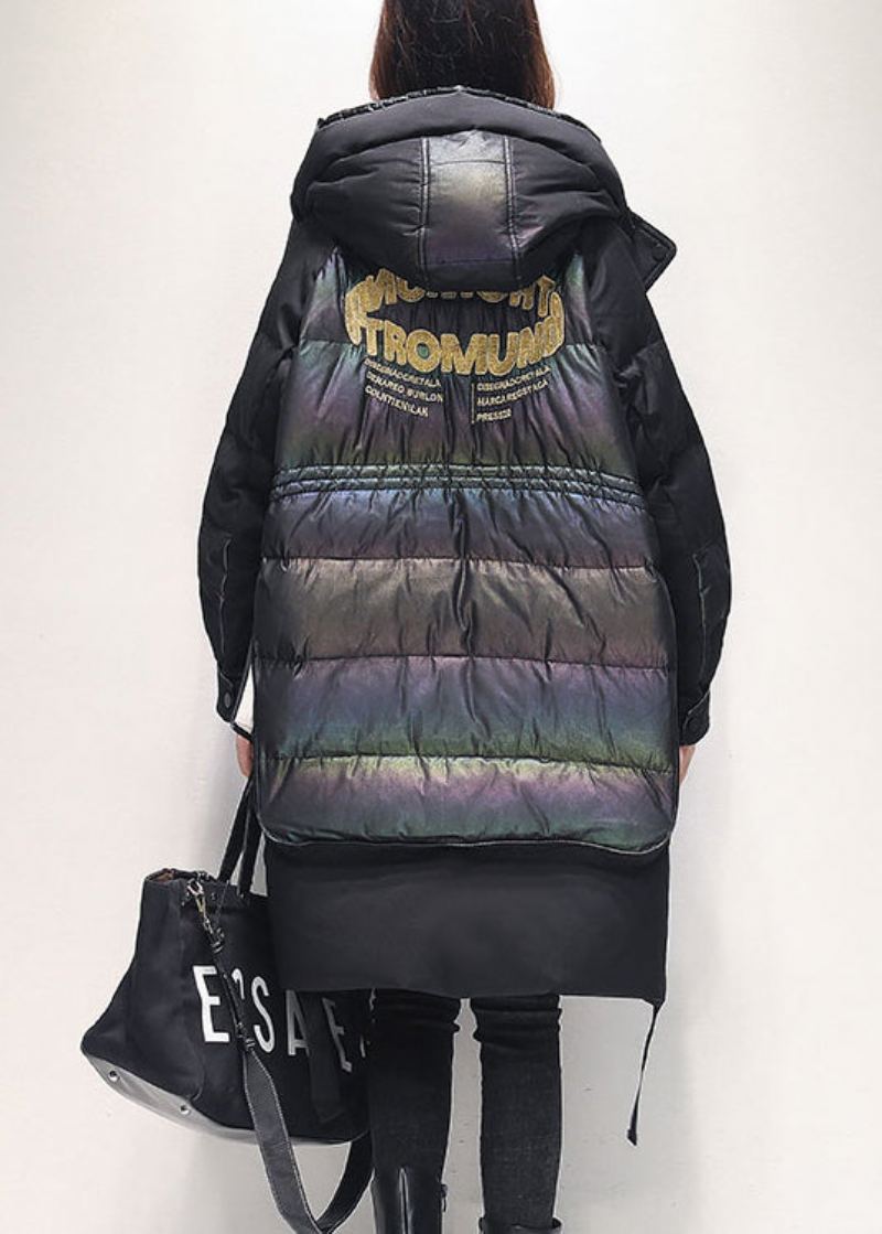 Style Parka À Capuche En Duvet De Canard Noir Avec Poches Zippées Et Graphiques Pour L'hiver - Doudounes femmes