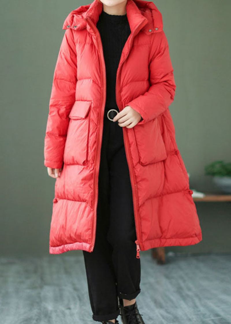 Style Rouge Poches Zippées Manteau En Duvet De Canard Hiver