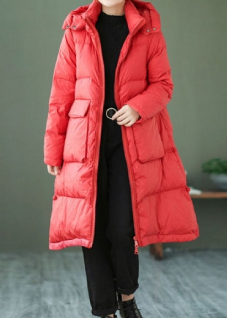 Style Rouge Poches Zippées Manteau En Duvet De Canard Hiver