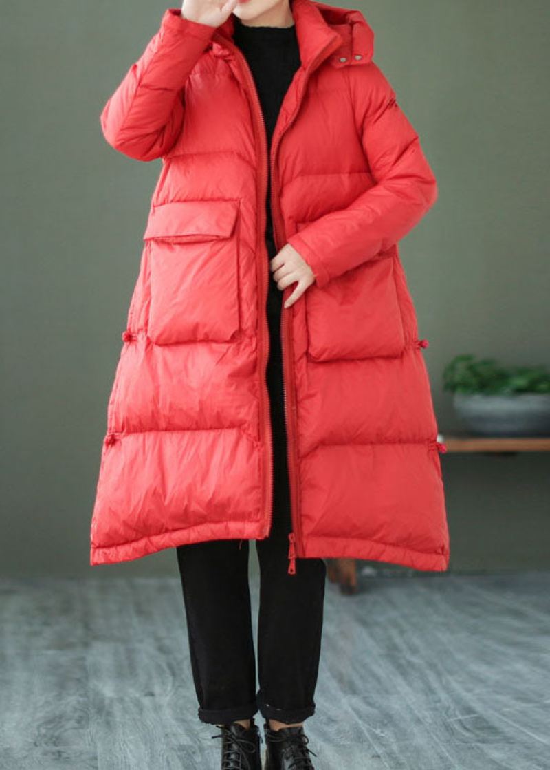 Style Rouge Poches Zippées Manteau En Duvet De Canard Hiver - Rouge