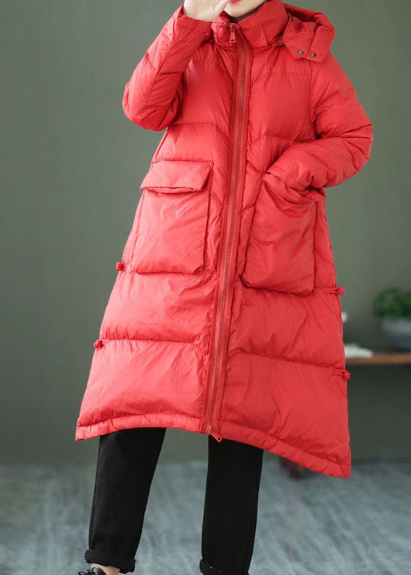 Style Rouge Poches Zippées Manteau En Duvet De Canard Hiver - Rouge