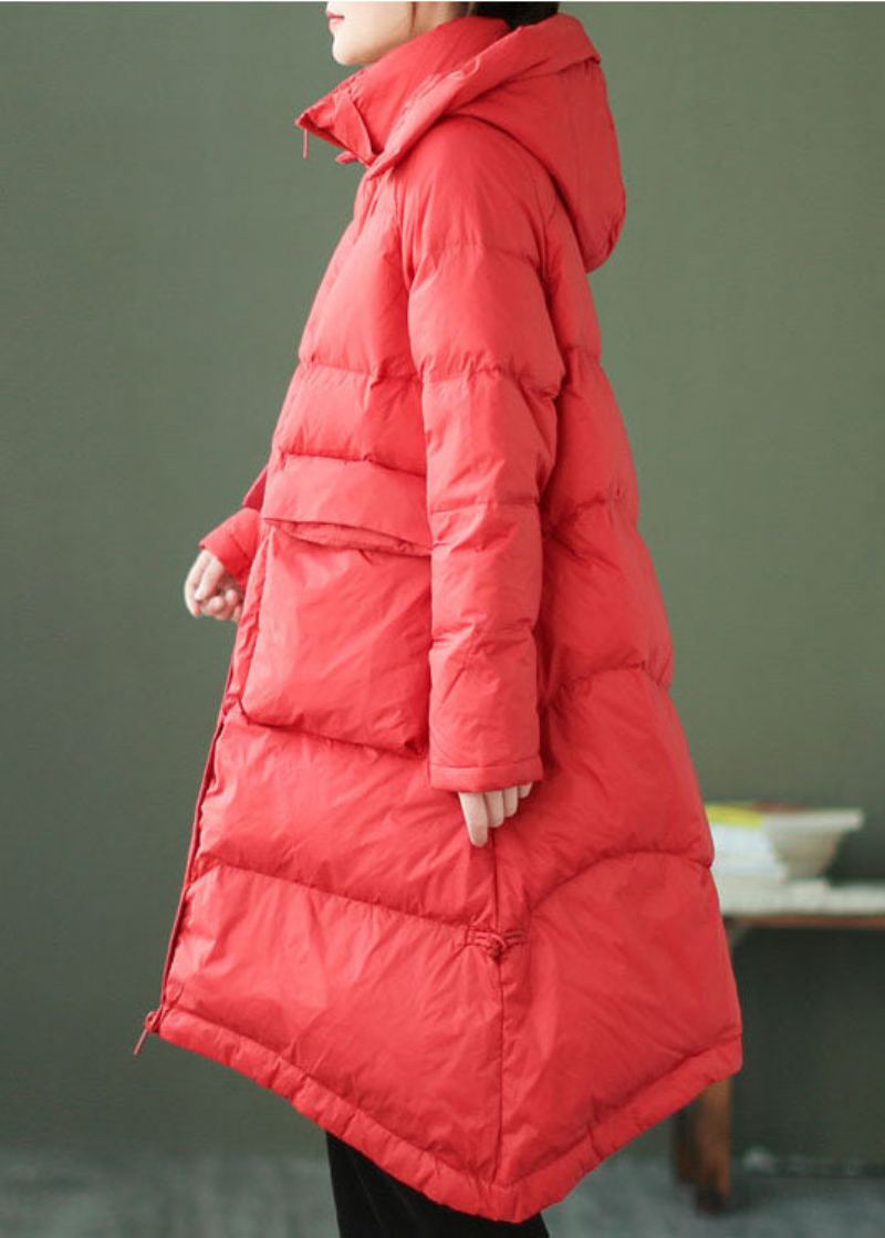 Style Rouge Poches Zippées Manteau En Duvet De Canard Hiver - Rouge