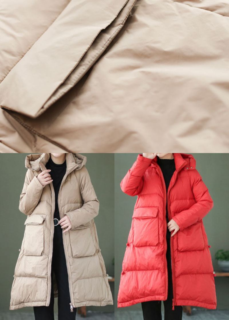 Style Rouge Poches Zippées Manteau En Duvet De Canard Hiver - Rouge