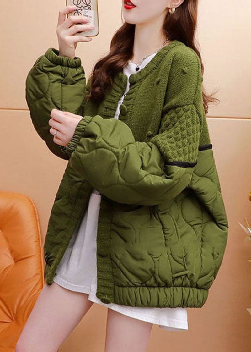 Style Vert Surdimensionné Coton Rempli Patchwork Tricot Cardigan Hiver