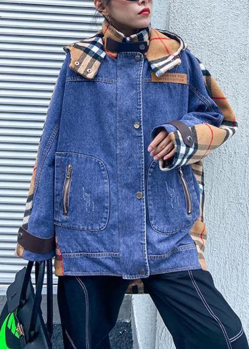 Tuniques Patchwork À Capuche Pour Femmes Vêtements D'extérieur Bleu Denim Grande Taille - Bleu