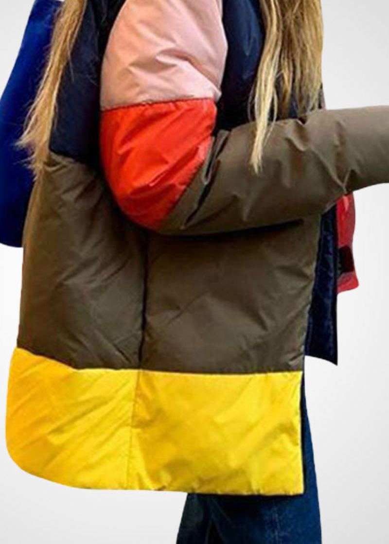 Unique Jaune Col Montant Fermeture Éclair Patchwork Duvet De Canard Doudoune Hiver - Doudounes femmes