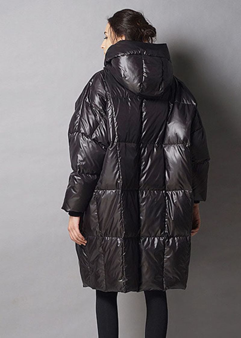 Unique Noir À Capuche Fermeture Éclair Décontracté Hiver Duvet De Canard Épais Manteau En - Noir