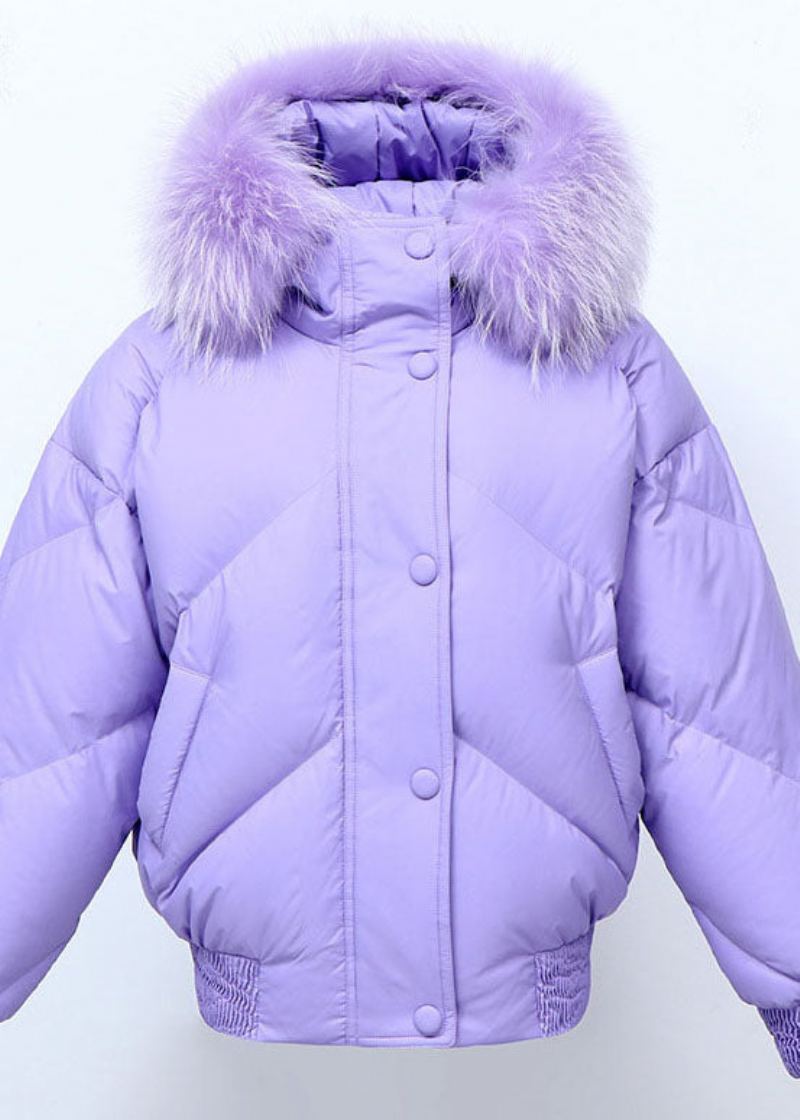 Veste Ample À Capuche Avec Col En Fourrure Violette Fine Doudoune D'hiver En Duvet De Canard - Violet