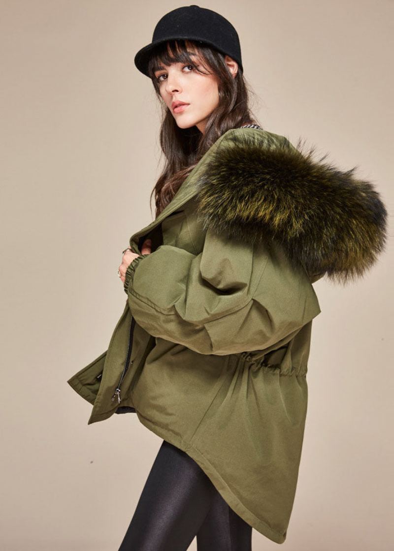 Veste Bouffante En Duvet De Canard Avec Col En Fausse Fourrure Et Capuche Vert Armée Moderne Hiver