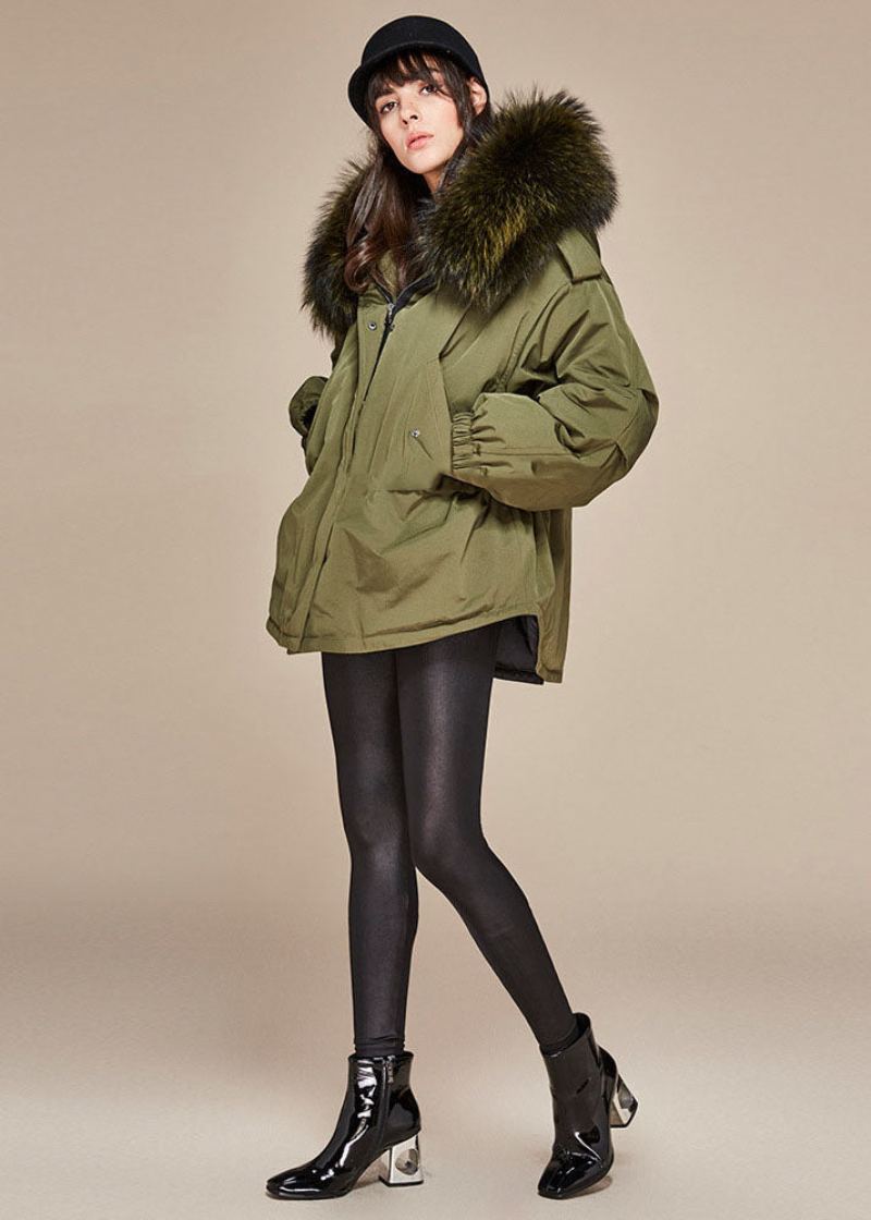 Veste Bouffante En Duvet De Canard Avec Col En Fausse Fourrure Et Capuche Vert Armée Moderne Hiver - Doudounes femmes