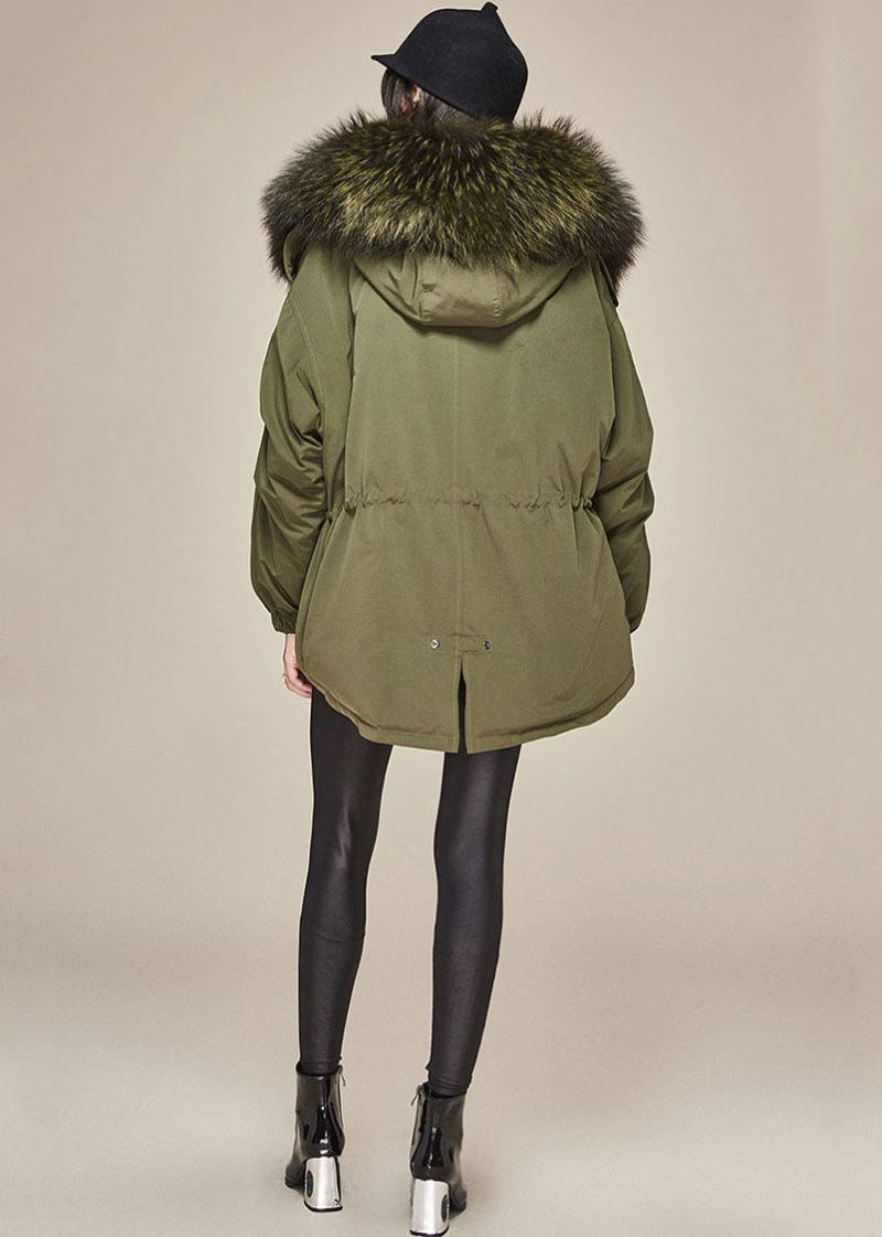 Veste Bouffante En Duvet De Canard Avec Col En Fausse Fourrure Et Capuche Vert Armée Moderne Hiver - Doudounes femmes