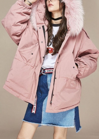 Veste Bouffante En Duvet De Canard Rose Tendance Poches Avec Col En Fourrure Fermeture Éclair Hiver