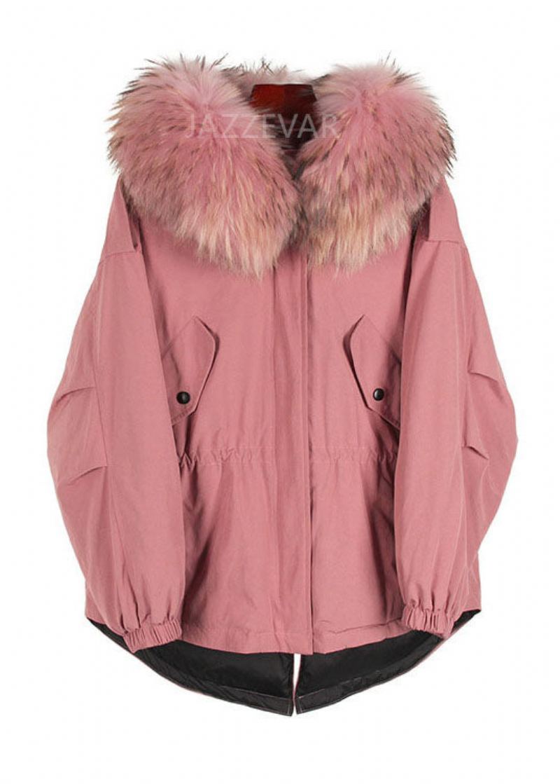 Veste Bouffante En Duvet De Canard Rose Tendance Poches Avec Col En Fourrure Fermeture Éclair Hiver - Vert Armée