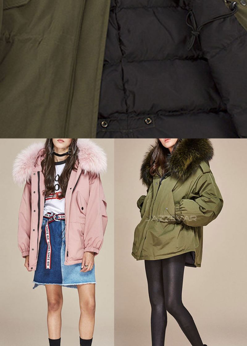 Veste Bouffante En Duvet De Canard Rose Tendance Poches Avec Col En Fourrure Fermeture Éclair Hiver - Vert Armée