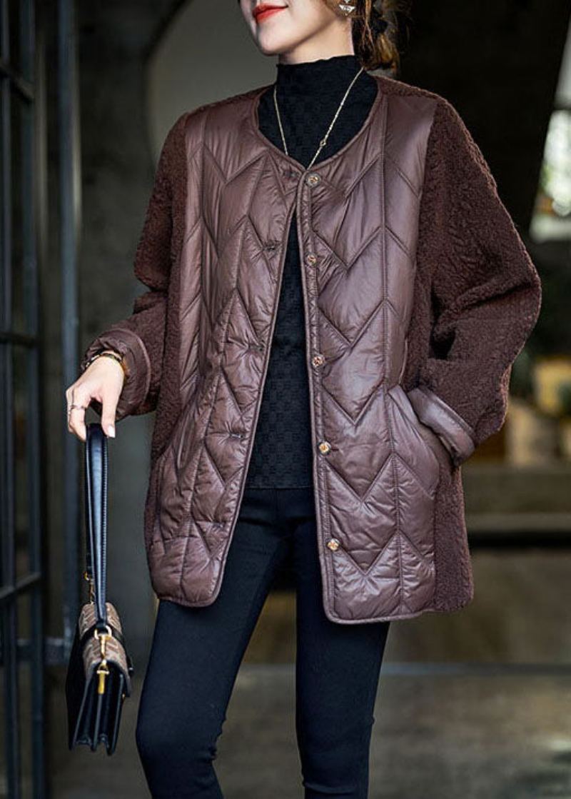 Veste Bouffante En Fausse Fourrure Pour Femme Peluche Chocolat Patchwork Rempli De Coton Fin Hiver - Doudounes femmes