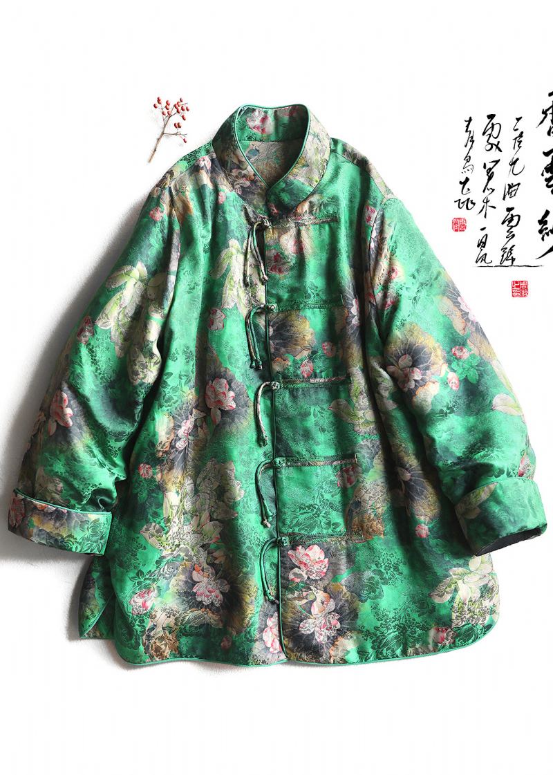 Veste Bouffante Remplie De Coton Fin Imprimé Vert De Style Chinois Bouton Hiver