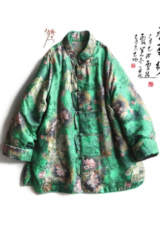 Veste Bouffante Remplie De Coton Fin Imprimé Vert De Style Chinois Bouton Hiver