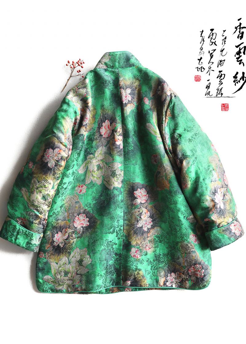 Veste Bouffante Remplie De Coton Fin Imprimé Vert De Style Chinois Bouton Hiver - Doudounes femmes