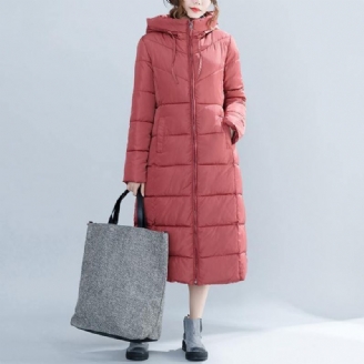 Veste À Capuche En Coton Pour Femmes Décontractée Rouge Mode Hiver Grande Taille Poches Trench À Fermeture Éclair Manteaux En