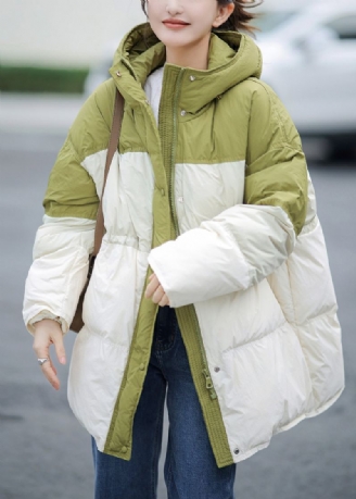 Veste À Capuche En Duvet De Canard Vert Italien Avec Fermeture Éclair En Patchwork Pour L'hiver