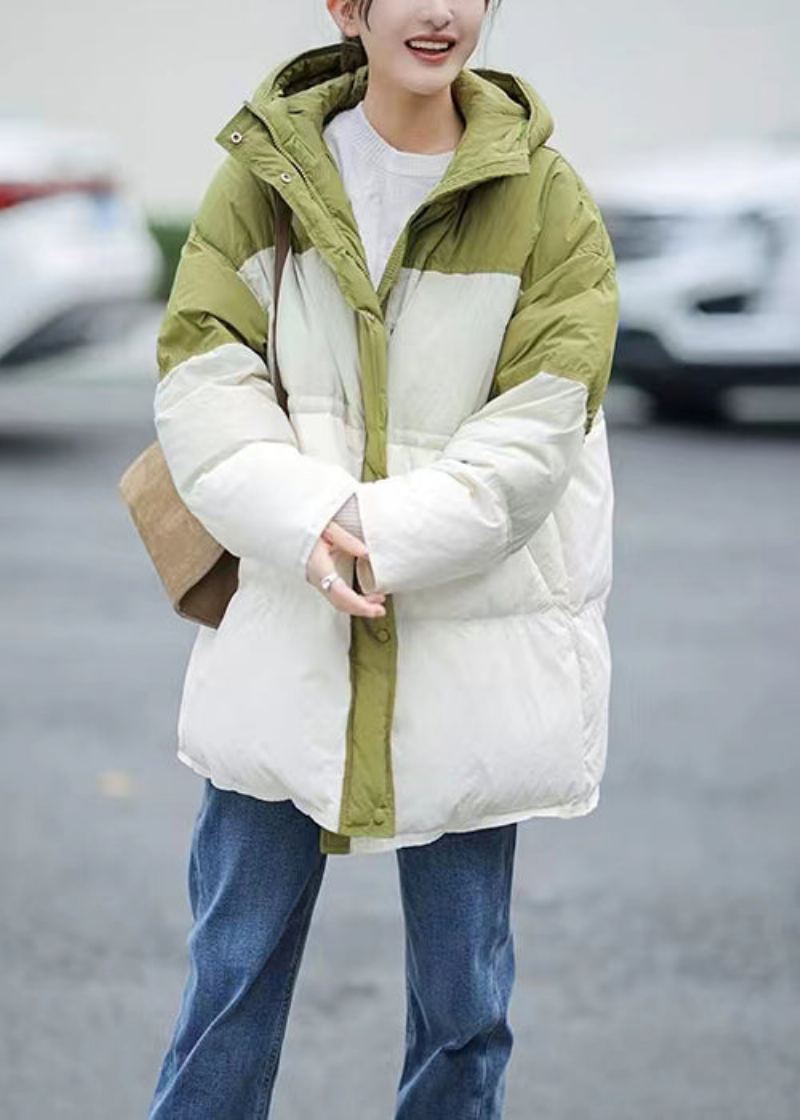 Veste À Capuche En Duvet De Canard Vert Italien Avec Fermeture Éclair En Patchwork Pour L'hiver - Doudounes femmes