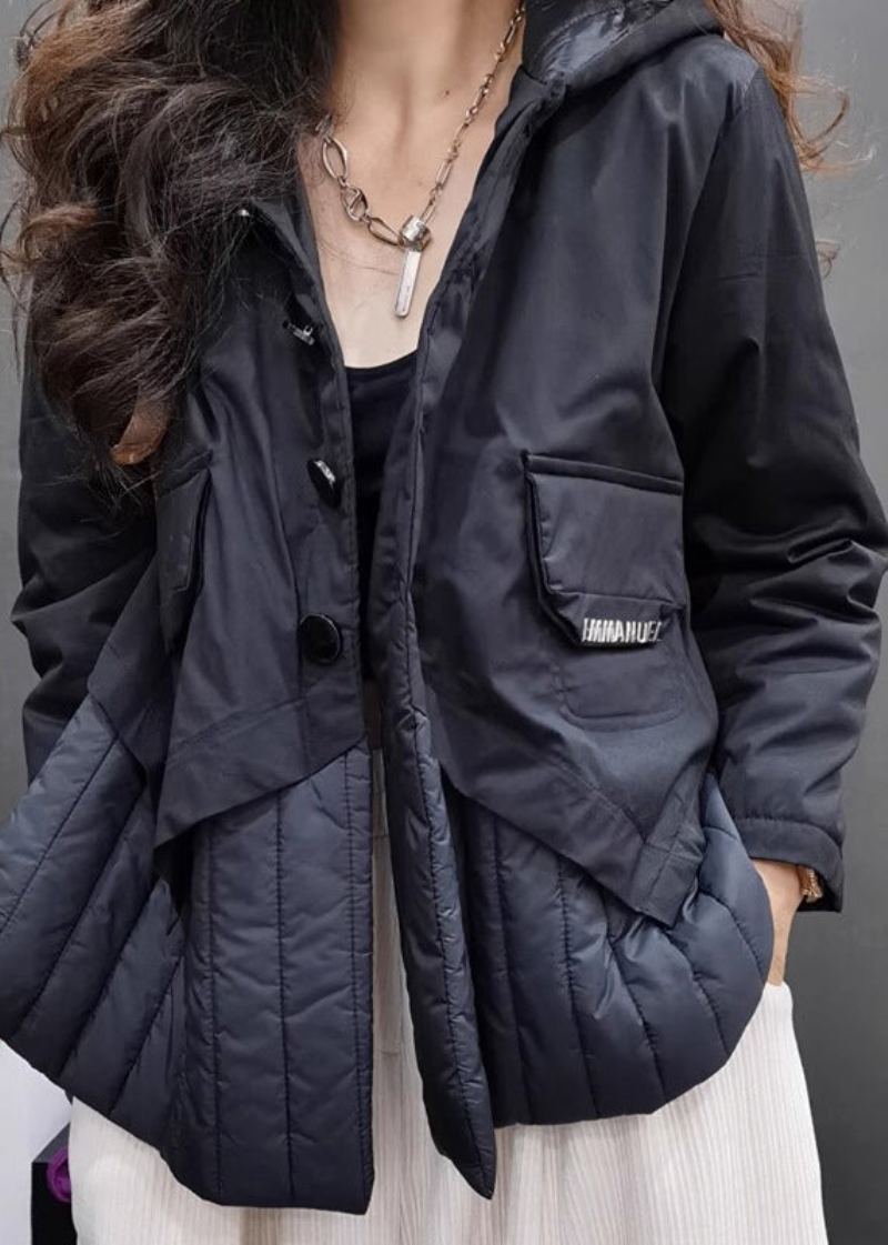 Veste À Capuche Noire En Patchwork De Coton Fin Pour Femme Manches Longues